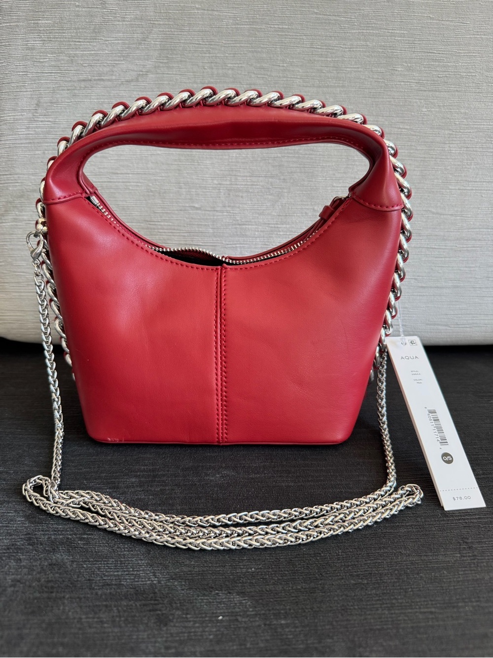 AQUA Bold Chain Trim Crossbody Bag Women's Red/Silver Inner Pocket Zip Closure